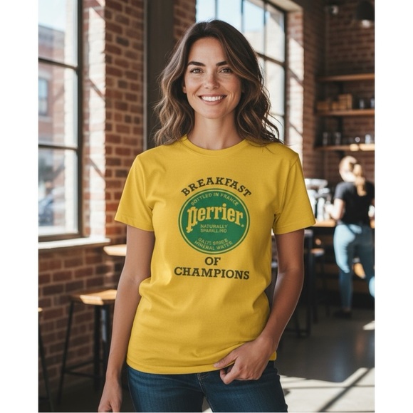 Hanes 50/50 Tops - Vintage Perrier Yellow Graphic T-Shirt with Green Logo Size Large